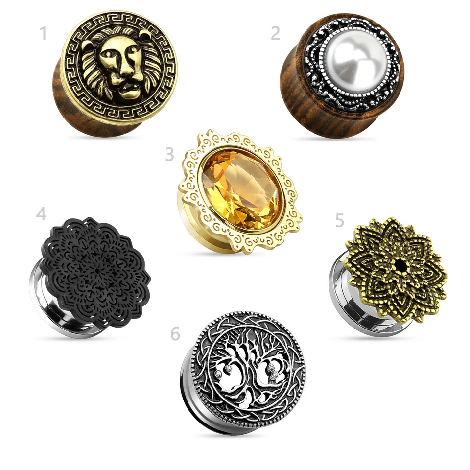 5-16mm Vintage Flesh Tunnel Plug Antik Stahl Holz Messing Topaz Zirkonia Z487 - Bild 1 von 1