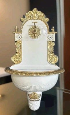 Alu Wandbrunnen Barock weiss gold Messing Wasserhahn Gartenbrunnen Waschbecken  - Bild 1 von 4