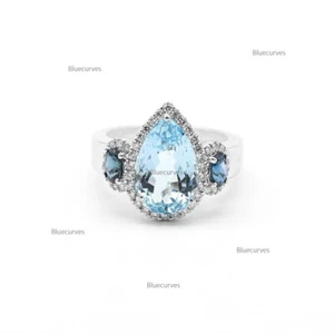 Natural Aquamarine, Blue Sapphire &Diamond Ring 14k White Gold Handmade Jewelry - Picture 1 of 6