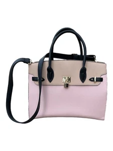 Deluxity Designer Top Handle Satchel Handbag Briefcase, Pink Beige and Black - Picture 1 of 8