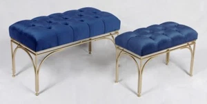 2xpieces Handmade Tufted Rec bench seat L2 with Gold metal base Navy velvet - Picture 1 of 23