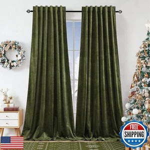Dchola Olive Green Velvet Curtains for Bedroom Window with Back Tab, Super So - Picture 1 of 5