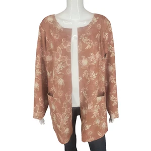 Denim Co Naturals Printed Faux Suede Open Jacket 1X Plus Sz Brown Top w Pockets - Picture 1 of 10