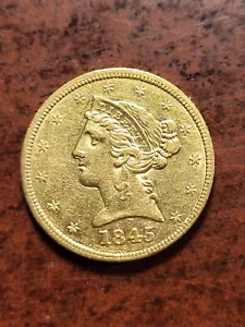 1845 Liberty Head Half Eagle, $5 gold coin, Philadelphia inv03 e595ej - Picture 1 of 2