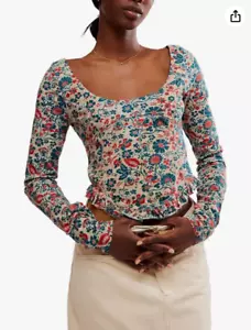 Free People Size Small Melanie Top - Sand Floral Crisscross Corset Ruffled - Picture 1 of 11