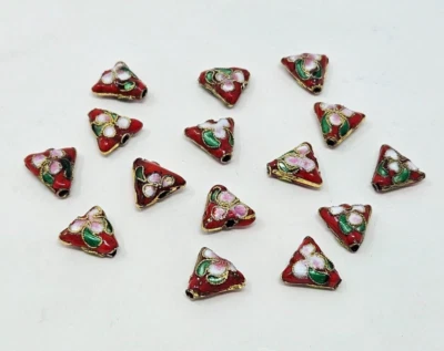 15 pcs VTG Red Triangle Floral Cloisonne Metal Enamel Beads Crafts Jewelry - Image 1 of 2