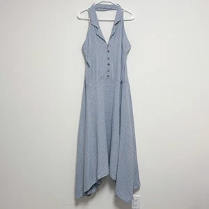 Vestido midi Free People azul blanco a rayas sin prisas halter sin mangas grande nuevo - Imagen 1 de 10