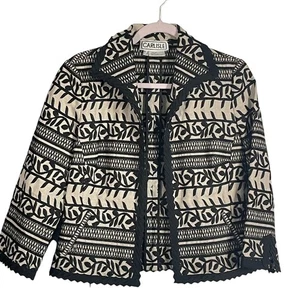VTG Carlisle Linen Embroidered Textured Jacket Black Ivory Trim Boho Classic 8 - Picture 1 of 14