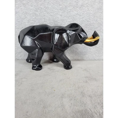 Geometric Black Elephant Figurine Gold Tasks Home Decor Statue 11" Long - Image 1 of 4