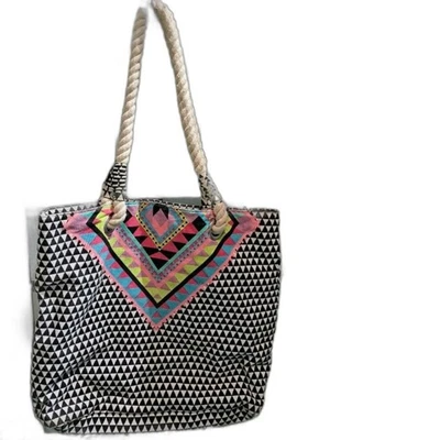 Bolso Tote Boho Negro Blanco Multicolor Diseño Geométrico Cuerda Mango Rosa Interior Foto 1 de 4