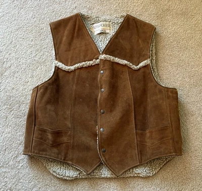 Vintage Schott Rancher Vest Mens Large Brown Suede Sherpa Lined Western 70s - Image 1 of 4