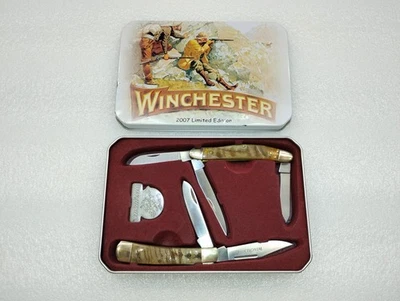 Conjunto de 2 facas Winchester 2007 edição limitada caçador alças de chifre de carneiro alça estanho - Imagem 1 de 4