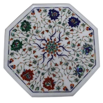 15" Marble side table handmade inlay semi precious stones art work table - Image 1 of 3