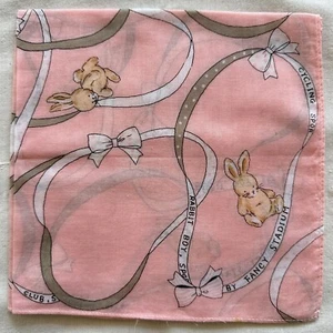 Vintage Handkerchief Pink Cotton Rabbit Boy Ribbon Art Pattern Easter Hanky 15" - Picture 1 of 3