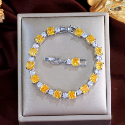 Brazalete de cadena de tenis redondo cuadrado de cristal rosa plateado circonita cúbica joyería de boda Foto 1 de 4