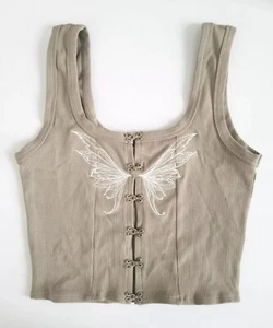 Forever 21 Angel Wings Graphic Cropped Tank Top Olive Green Girls Size M - Picture 1 of 9