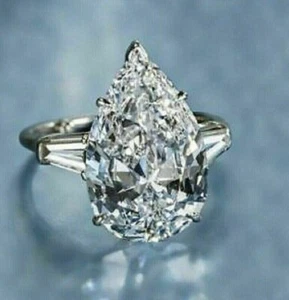 NEW 5.Ct Pear Cut -Created Diamond 14k White SILVER Three Stone Engagement Ring - Picture 1 of 5