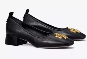 Zapatos de tacón Tory Burch Eleanor 35 mm de cuero negro con logotipo para mujer talla 7 nuevos en caja - Imagen 1 de 13