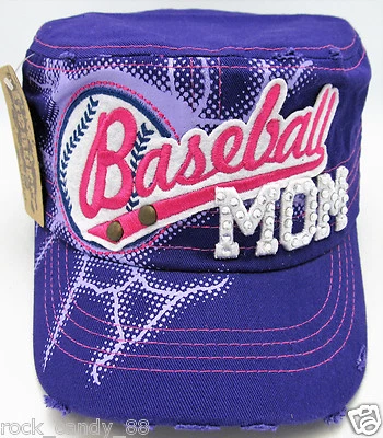 Military Cadet Cap Hat Rhinestone Baseball Mom Distressed Adjustable Purple NWT - Image 1 of 4