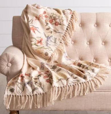 NEW Farmhouse DRIED FLOWERS Throw Blanket FLORAL 50" x 60" Cottage Fringe Cotton - Image 1 of 3