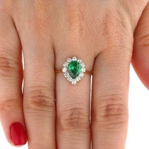 14K Yellow Gold Pear-Cut Emerald Cocktail Halo Ring with Stone Accents - Picture 1 of 3