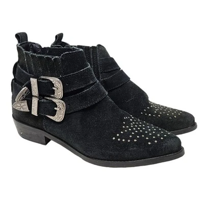 Bota Steve Madden 6 Nann couro preto cravejada tornozelo ocidental cowgirl boho motociclista - Imagem 1 de 4