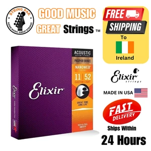 Elixir Acoustic Guitar Strings Nanoweb Phosphor Bronze 11-52  + 2 Strap Locks - Picture 1 of 5