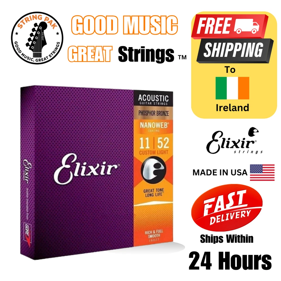 Elixir Acoustic Guitar Strings Nanoweb Phosphor Bronze 11-52  + 2 Strap Locks - Image 1 of 4