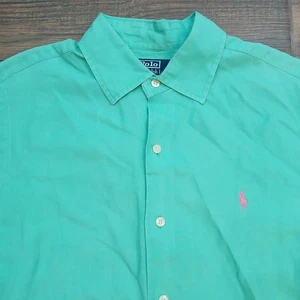 Polo Ralph Lauren Mens Medium Green Linen Silk Blend Button Casual Pony - Picture 1 of 9