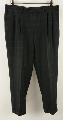 Pal Zileri Men's 35 x 25 Dark Gray Blue Windowpane Check Wool Pleated Suit Pants - Image 1 of 4