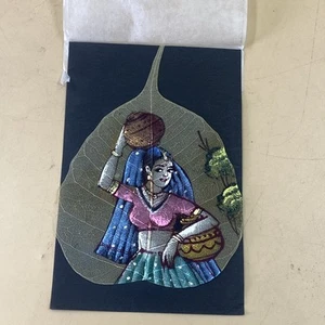 Indian Leaf Paintings Hand Painted / Traditional Indian Women With Water Jar/5’’ - Picture 1 of 3