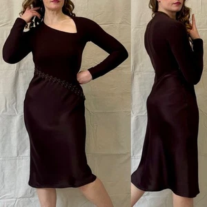 Vintage 90s Y2K Donna Karan Signature Chocolate Brown Bias Cut Midi Dress size M - Picture 1 of 16