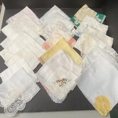 Vintage Lot 20 Mostly White Hankies - Hand Machine Embroidery Lace Wedding Bride - Image 1 of 4