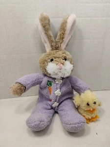 Vintage 2000 Plushland Bunny Beige Purple PJs Yellow Duck Bean Plush 8” EASTER - Picture 1 of 7