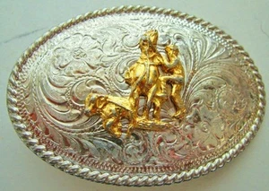 Vintage Deutsch Silber Western Gürtelschnalle Cowboy Kalb Lenkung Seil 3" x 2" Oval - Bild 1 von 12