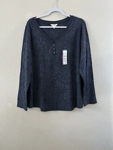 Terra & Sky Women's Plus Dark Navy Long Sleeve Waffle Henley Top Sz 2X Chest 52" - Picture 1 of 16
