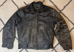 Vintage Distressed 1960s Oakbrook Sportswear Leather Black Biker Jacket Coat L - Picture 1 of 15