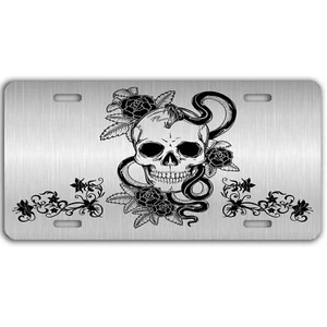 Skull flower tattoo vanity silver aluminum license plate car truck SUV  - Bild 1 von 1