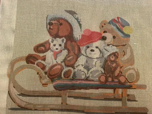 Vintage 1987 Dimentions Needlepoint Canvas Only #2334 Bears on Sled - Picture 1 of 6