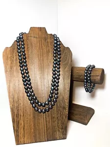 Fresh Water Black Pearl Double Strand Necklace And Bracelet Set - Picture 1 of 7