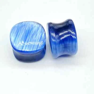 Blue Cat's Eye Stone Handcrafted Cushion Shape Ear Plugs Pair Size 8g - 54 MM - Image 1 of 4