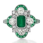 Art Déco Smeraldo Platino Anello Diamante Antico Design Certificato Naturale