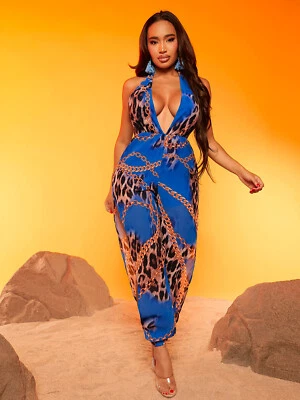 Damen Overall Jumpsuit Einteiler  mit Kettenmuster Neckholder Gr L 40 / 42 - Bild 1 von 4