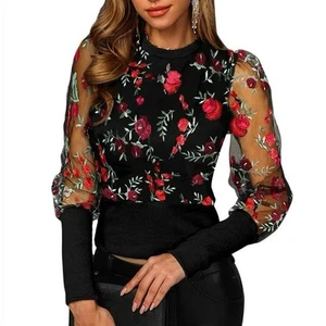 NEW Sheer Mesh Embroidered Black Top Womens XL Black Floral LongSleeve Business - Picture 1 of 5