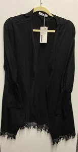 Meaneor Woman’s Open Black Blouse Size 2XL Fitted Sleeves Fringe Trim Stretch - Picture 1 of 10