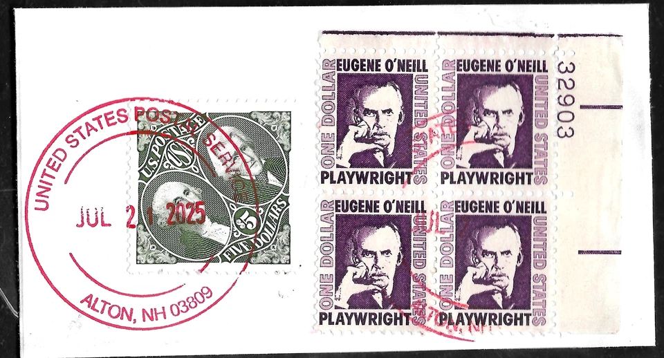 US #1294 EUGENE O'NEIL $1 PLATE BLOCK - #2592 WASHINGTON JACKSON $5 USED STAMPS - Image 1 of 2