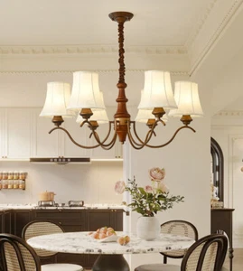 Vintage Wood Chandelier LED Retro Fabric Lampshade Hanging Light D63cm/78cm/85cm - Picture 1 of 11
