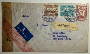 1944 Peru Registered Censored WWII Airmail Cover Lima Peru to New York NY - Picture 1 of 2