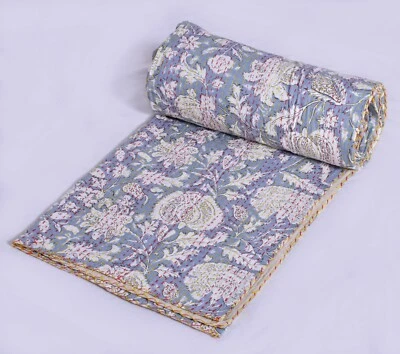 Indian Reversible Floral Kantha Quilt Gray Single Blanket Throw Art - Image 1 of 4