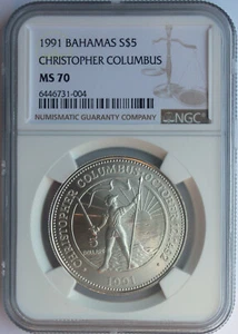 BAHAMAS 1991 SILVER 5 DOLLARS. CHRISTOPHER COLUMBUS. ONLY 750 MINTED. NGC MS-70. - Picture 1 of 2